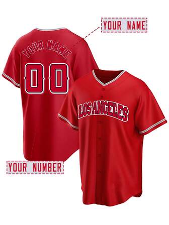 Anpassad herrbroderad basebolltröja med namn och nummer, Los Angeles röd V-ringad personlig kortärmad skjorta med knappar, festtröjor, träningstoppar, S-XXL