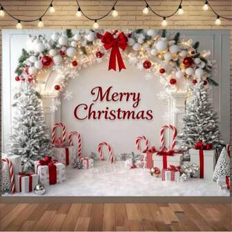 A Christmas-Themed Backdrop Featuring A Tree-Shaped Design With Trees And Gifts, Perfect For Holiday Wall Decoration. Ideal For Christmas, Birthdays, And Wedding Celebrations. Suitable For Both Indoor And Outdoor Use In Living Rooms And Gardens.
