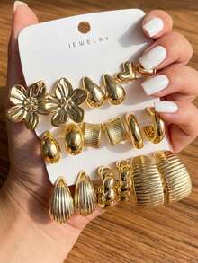 Set de 6-18 cercei eleganți cu motive florale, lacrimă, inimă, spirală, combinație geometrică, la modă și versatili, potriviți pentru întâlniri, vacanțe, purtare zilnică, petreceri, sărbători, cadouri pentru femei - Aur - Vizualizare 2