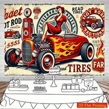 Pancarta plana 2D, Pancarta de fiesta de coche Hot Rod retro y chica sexy - Decoración de coche de los años 50, Hot Rod rojo, fuente audaz - Fondo de tela de poliéster duradera, sin electricidad necesaria - Estilo clásico americano, cumpleaños, boda, garaje, decoración de cabina de fotos - Regalo ideal para entusiastas de los coches, telón de fondo para eventos, calidad de impresión vibrante, diseño duradero, decoración del hogar, Pancarta plana 2D - Multicolor - Ver 5