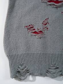 Men's Street Style Personalized Distressed Black Long Sleeve V-Neck Sweater, Casual Loose Pullover Knitwear Top, Suitable For Spring, Autumn And Winter - Grey - View 6