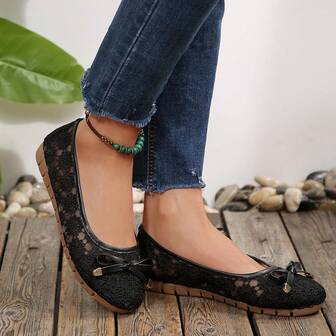 Lace Flower Flat Shoes, Elegant Bow Design, Comfortable & Breathable, Lightweight & Comfortable, Classic White Color, Showcasing Romantic & Fresh Style, Suitable For Spring/Summer Daily Wear, Adding Feminine Charm