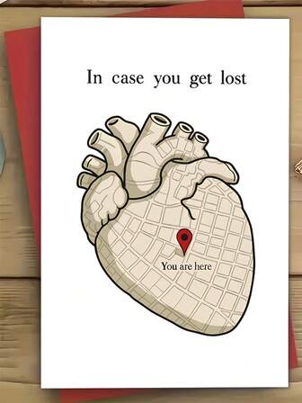 Anatomically Correct Heart Map Card & Envelope - Medical-Themed Love Letter Keepsake With "You Are Here" Marker, Heart Anatomy Design For Doctors, Soulmates, Long-Distance Couples - Valentine'S Day, Birthday, Anniversary Gift - Elegant Red Envelope