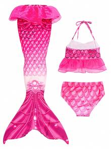 3pcs Young Girl Mermaid Tail Bikini Set With Mesh Cover Up, Bikini Set Performance Summer Beach - Đỏ - Xem 2