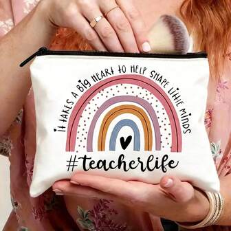 1pc Portable Makeup Bag, Decorative Print Cosmetic Pouch With Zipper, Travel Organizer Box, "Teach Them, Love Them, Watch Them Grow" Teacher Makeup Bag, Women Cosmetic Bag, Travel Toiletry Organizer, Back To School Teacher Gift, Rainbow Letter Pattern Makeup Bag, Cosmetic Storage Bag, Makeup Storage Box, Makeup Storage Pouch, Makeup Bag