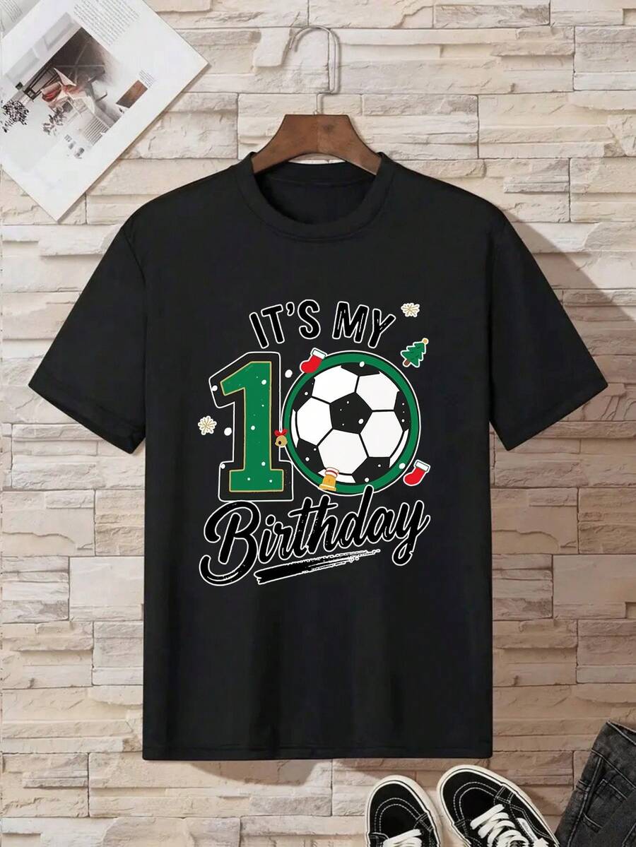 Camiseta de fútbol y navidad - holly print - ropa de fiesta, regalos de celebración,Divertido exquisito diseño estampado top para niños y niñas, cómodo, ligero, transpirable, transpirable, adecuado para actividades al aire libre - regalo perfecto,Streetwear de moda, camiseta de manga corta de cuello redondo de 170g, apta para niños y adolescentes de 4 a 16 años. Camiseta de algodón 100% puro de alta calidad, lavable a máquina - Negro - Ver 1