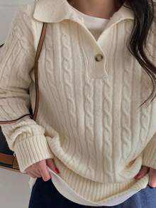 Women's Solid Color Elegant Polo Neck Long Sleeve Cable Knit Loose Casual Sweater Top, Autumn/Winter - Apricot - View 4