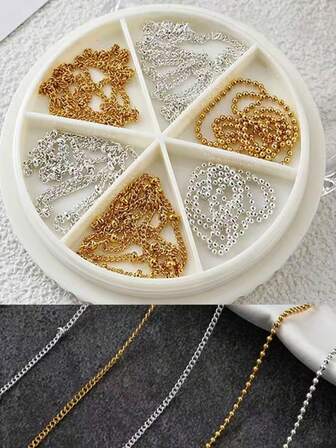 6pcs/Set Mixed Metal Chain Nail Jewelry Accessories, Gun Black & Gray Chains Nail Decor, Nail Art Supplies