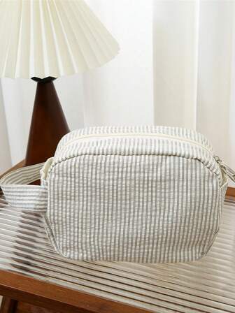 1 pieza Bolsa de maquillaje de viaje con asa y capacidad grande, con cremallera, estilo a rayas. Bolsa con cremallera para productos de cuidado de la piel, para hombres y mujeres. Bolsa de almacenamiento para toallas sanitarias y brochas de maquillaje. Para cosméticos y productos de cuidado de la piel.