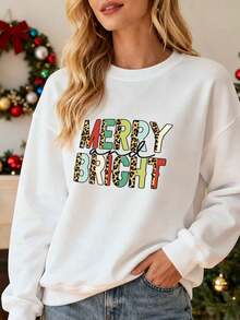Sweatshirt para Mujer con Estampado de Leopardo y Letras "Merry & Bright", Ideal para Fiestas de Navidad y Regalo para Ella, Suave y Confortable, Estilo Festivo y Moda Actual - Blanco - Ver 1