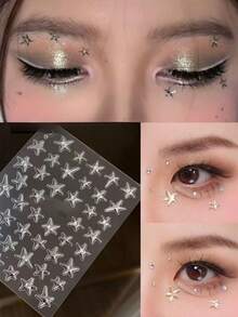 1pc Star Sticker Metallic Silver Rhinestone Pentagram Face Sticker, Sparkling Versatile Y2K Style, Face Glitter For Music Festival, Carnival, Face Decor Pentagram With Rhinestone (Self-Adhesive) - Multicolor - View 2