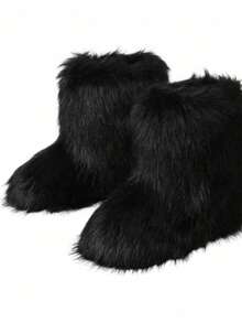 Women's Faux Fur Boot Furry Fluffy Round Toe Suede Winter Comfy Plush Warm Short Outdoor Indoor Flat Shoes Mid-Calf Boots Fashion Boots - 黑色 - 查看 2