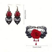 5件套女士弗拉明戈舞蹈服装套装 - 包括刺绣亮片扇、玫瑰发夹、项链和耳环。一套完整的西班牙舞蹈服装，适合弗拉明戈派对、婚礼、角色扮演和舞台表演。