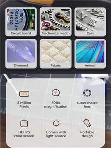 Microscopio digital portátil de 2.0" pantalla IPS a color, 500X aumento digital, microscopio portátil con 8 luces LED, cámara microscópica mini de 2MP 1080P, lente supermacro, batería recargable de 400mAh tipo C, microscopio de bolsillo compatible con PC, adecuado para reparación de placas de circuito - Multicolor - Ver 10