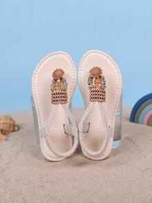 1双女童夏季休闲复古户外平底串珠波西米亚风罗马凉鞋 - 米色 - 查看 8