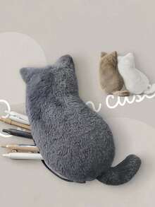 1个毛绒猫咪铅笔盒，可选颜色：蓝猫、黑猫、白猫、米色猫，触感柔软，容量大，可爱时尚的收纳袋，创意文具整理器，毛绒铅笔袋礼品