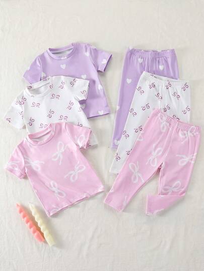 6 Pieces Of Baby Girl Bow Heart Pattern White Pink Purple With Three Different Outfit Options, Soft And Comfortable Round Neck Broken Sleeve Trousers Home Set Set, Suitable For Spring And Autumn Wear, Can Also Be Given As A Gift To The Baby