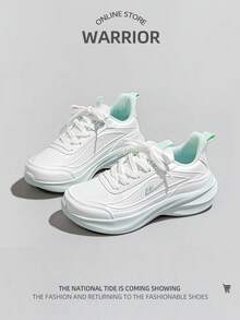 WARRIOR 1 Pair Women's Sporty Breathable Sneakers, Color Block Leather Low-Top Casual Shoes - White/Green - View 4