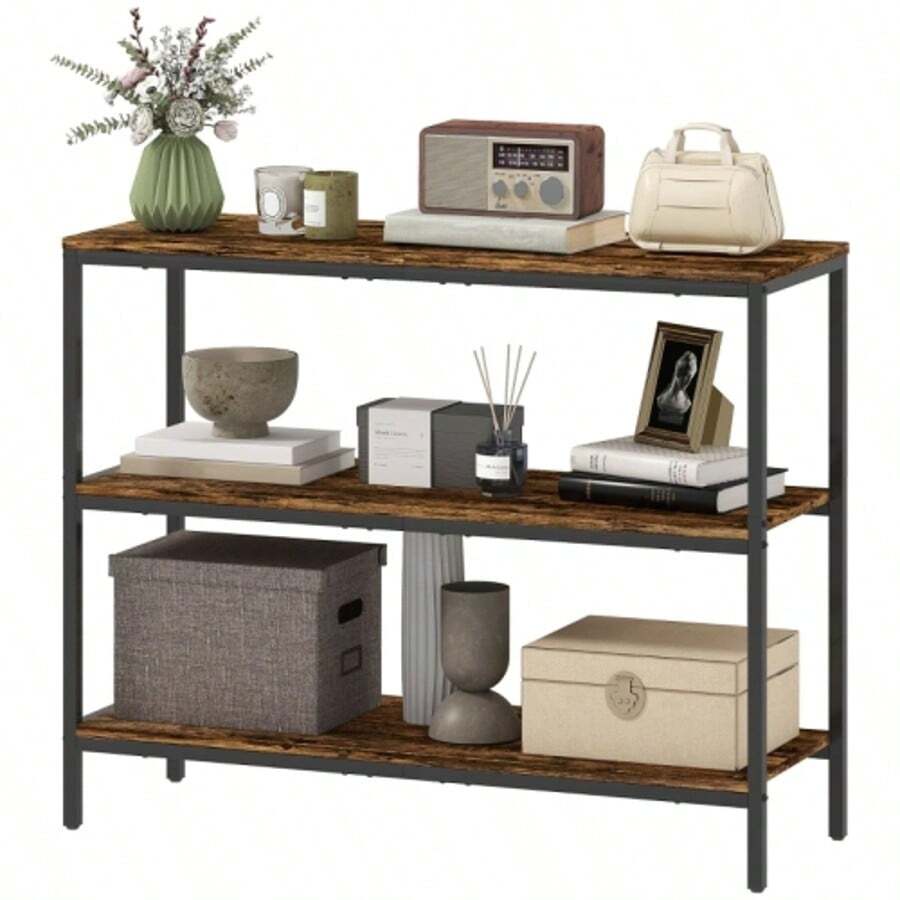 HOMCOM Console Table, Side Table With 3-Tier Shelf, Chipboard, Metal, Light Brown - Rust Brown - View 1