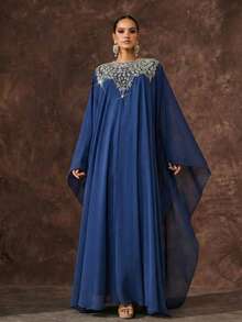 Women Luxury Middle Eastern Style Royal Blue Silver Sequin Embellished Batwing Sleeve Maxi Dress Modest Kaftan Elegant Evening Gown Formal Wedding Guest Christmas New Year Party Jalabiya - Navy Blue - View 4