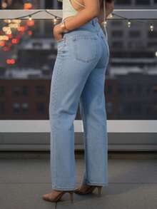 Women's Wide Leg Jeans, Marbled Pattern, High Waist, Wide Leg, Gaven Brand, Thick Fabric, 100% Denim - 淺色大理石紋 - 查看 2