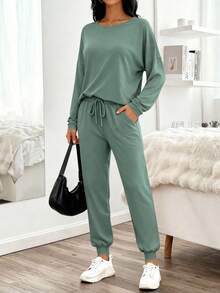Women's Fall Two-Piece Pullover Long-Sleeved Crew Neck Pullover Top And Trousers Tracksuit - Quả xanh - Xem 3