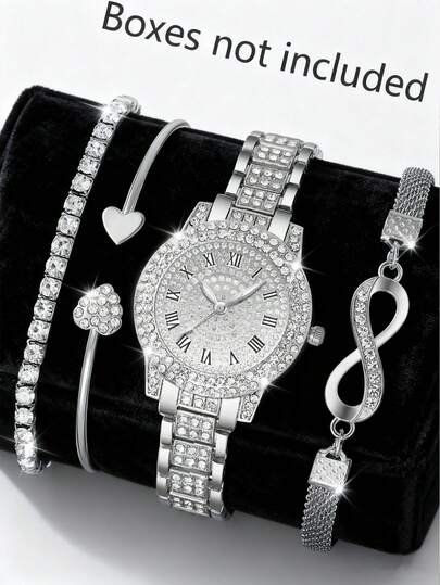 4pcs/Set Elegant Luxury Women's Quartz Watch Set, Paired With Silver Jewelry (Including 1 Gemstone-Encrusted Roman Numeral Wristwatch, 1 Heart-Shaped Bracelet, 1 Gemstone-Encrusted Bracelet, And 1 Infinity Symbol Bracelet). The Wristwatch Is Made Of Full Silver Material, Adorned With Gemstone Inlays, With A Roman Numeral Dial And Heart-Shaped And Infinity Symbol Elements, Showcasing The Refined And Elegant Femininity.