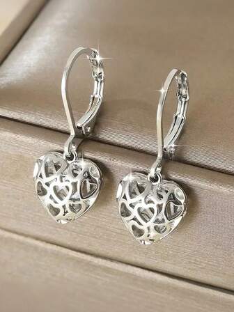 2pcs Hollow-Out Heart Dangle Earrings Women Fashion Silver Plated Hoop Earrings Birthday Valentine's Christmas Party Jewelry Gift For Lovers Couple Girlfriend Wife