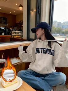 女士休闲字母图案长袖宽松抽绳连帽卫衣，带保暖内衬，适合秋冬季穿着