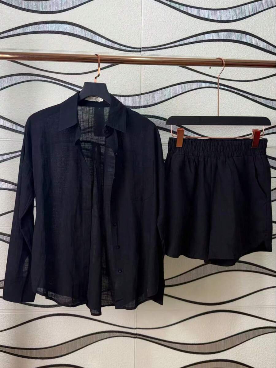 Imported Women's Linen Shirt /Button-Down/Lined/ /Women's, 2-Piece Set: Shirt And Shorts With Elastic Waistband. Summer Vacation Set: Perfect For Celebrating Christmas, New Year's Eve And New Year In Brazil! - 黑 - 查看 1