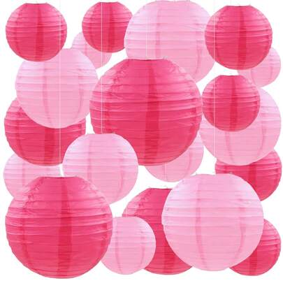 5pcs Decorative Shiny Pink Round Paper Lanterns, Suitable For Valentine's Day, Country Party, Bridal Shower, Wedding, Birthday, Home Decor