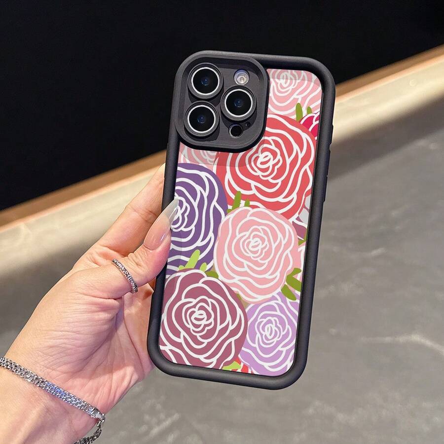 La elegante y sencilla carcasa de teléfono anti - caída con diseño floral es adecuada para los modelos  17, 16, 15, 14, 13, 12, 11 Pro / air / xR / XS y  s25 / S24 / S23 / S22 / Fe / plus, construida con material tpu, que proporciona protección de amortiguación contra caídas. Adecuado para regalar amigos y regalos de San valentín. - Negro - Ver 1