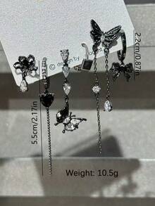 rundraw 6 件/套简约风格黑色金属方晶锆石蝴蝶、心形和蝴蝶结环形耳环和耳钉套装，适合女士、派对珠宝 - 彩色 - 查看 5