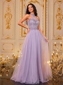 VIPGIRL New Purple Sequin Contrast Mesh Elegant Formal Evening Gown, Dignified And Leg-Lengthening - Purple - View 5