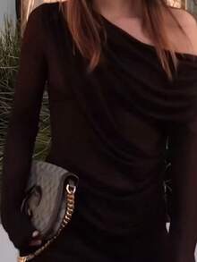 Women's Solid Color Ruched Mesh Asymmetric Sexy Mini Dress, Suitable For Valentine's Day, New Year Occasions