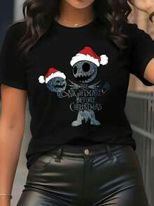 Nightmare Before Christmas Women's T-Shirt - Tim Inspired Sally &  Graphic, Casual Loose Fit Short Sleeve Round Neck Tee For Spring Summer Fall, Machine Washable Casual Attire & Themed Parties - Black - View 1