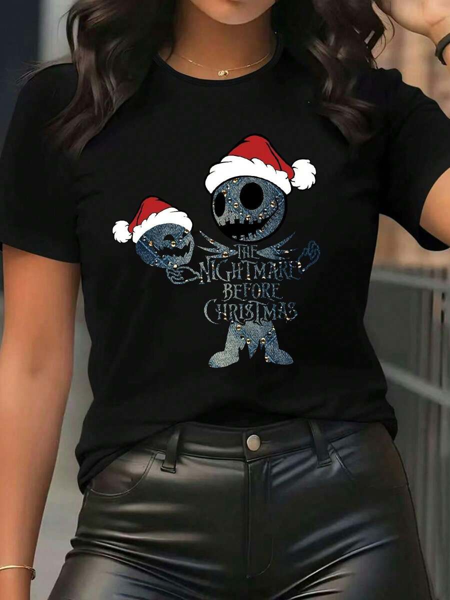 Nightmare Before Christmas Women's T-Shirt - Tim Inspired Sally &  Graphic, Casual Loose Fit Short Sleeve Round Neck Tee For Spring Summer Fall, Machine Washable Casual Attire & Themed Parties - Black - View 1