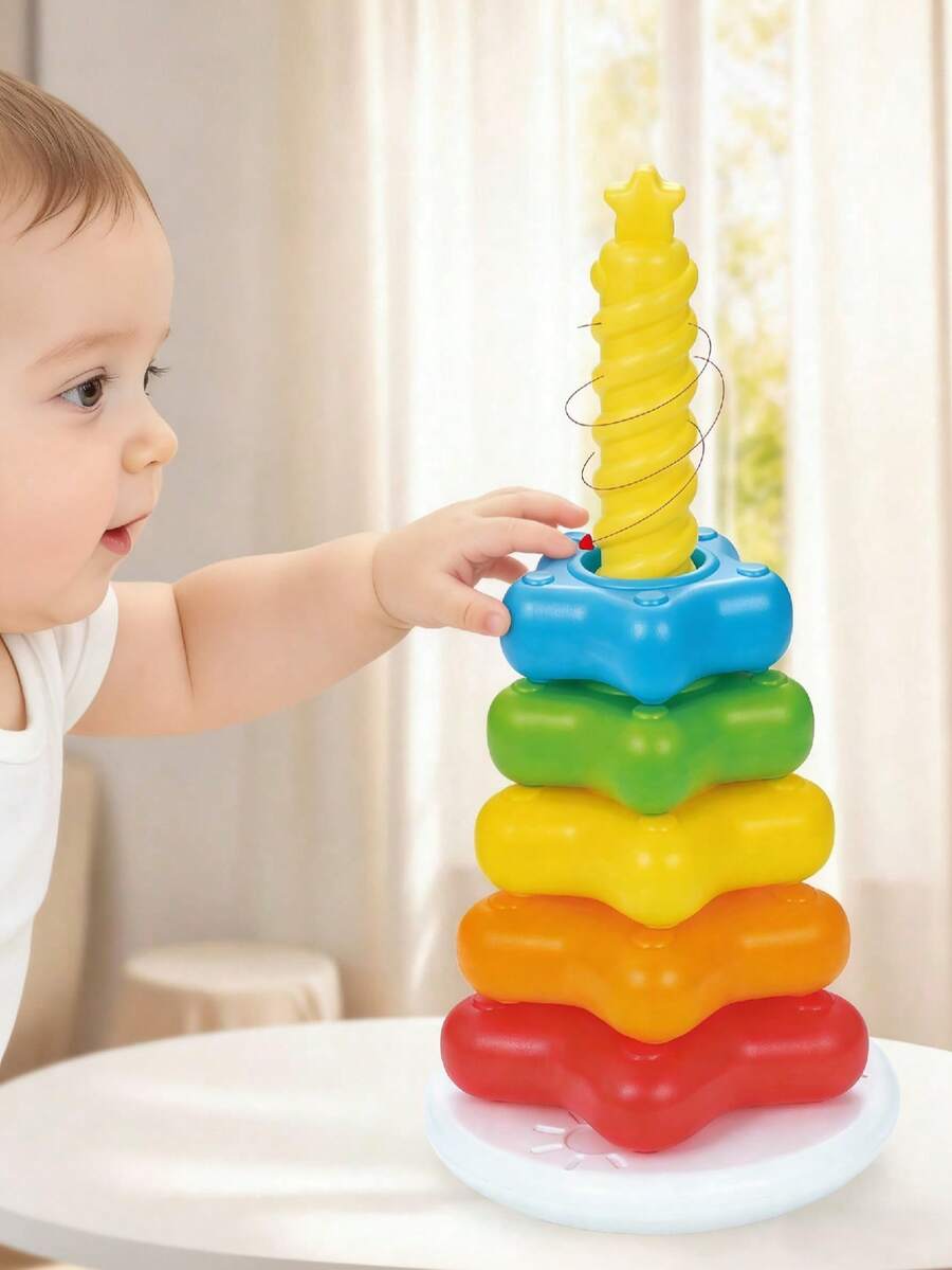 1 pieza Torre giratoria arcoíris de 5 estrellas - Juguete apilable musical para educación temprana Montessori, regalo de Año Nuevo para +12M - Multicolor - Ver 1