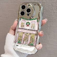 クリスマス風街並みデザイン 電鍍防摔ケース for  17promax,16pro,15plus/14/13/12/11 可愛いピンク建物・サンタ・クリスマスリースモチーフ 衝撃吸収 高級感 スマホ保護カバー クリスマスプレゼントに最適 - シルバー - チェックする 1