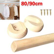 Wooden Wardrobe Rod Rail Tube+2 Flanges Clothes Hanging Pole - Brown - View 11
