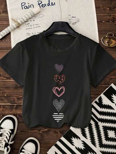 夏季上衣，加大码短袖圆领针织T恤，小熊印花，常规版型，略带弹性，女士加大码T恤，图案T恤，女士夏季服装