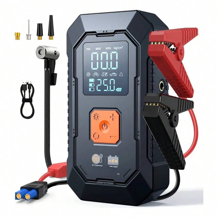 Arrancador De Batería Portátil 6000a Para Auto Con Inflador 150psi De Neumáticos Y Led Pantalla, 3 Modos De Iluminación Y Modo Sos Para Automóvil Moto Camioneta Cortacésped Colchón Inflable Baloncesto - Negro1 - Ver 1
