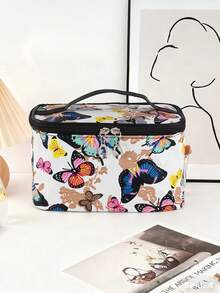 1 geantă de machiaj clasică cu imprimeu fluturi, capacitate mare, organizator de cosmetice de călătorie rezistent la apă cu mâner