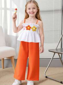 【夏季运动装】撞色吊带背心+橙色直筒宽松裤套装｜3D花朵褶皱设计｜日常休闲装、度假装、户外出游、海滩风运动套装 - 白色 - 查看 1