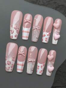 Bộ 10 miếng dán móng tay thủ công, miếng dán móng tay hình quan tài dài, miếng dán móng tay ngày Valentine, miếng dán móng tay màu hồng lãng mạn, miếng dán móng tay kiểu Pháp, trang trí nơ, trang trí ngọc trai giả, miếng dán móng tay màu hồng, miếng dán móng tay họa tiết da báo, miếng dán móng tay dễ thương, miếng dán móng tay phong cách Y2K, miếng dán móng tay dài, móng giả có thể tháo rời, dụng cụ làm móng thủ công. - Hồng - Xem 3