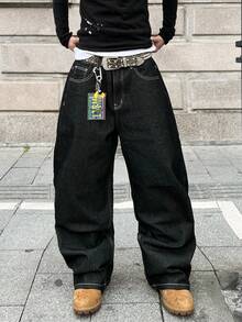 1 chiếc quần jeans ống rộng thêu họa tiết phong cách đường phố Mỹ cổ điển dành cho nam, kiểu dáng rộng rãi và thoải mái, dễ phối đồ (Sản phẩm không bao gồm thắt lưng và phụ kiện) - màu đen - Xem 2