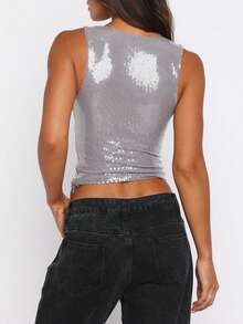 Women Sleeveless Sequin Tank Tops Shiny Sparkly Glitter Crop Shirt Tops Going Out Party Club Rave Top - Bạc - Xem 5