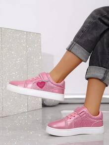 Girls' Heart Embroidery Hook And Loop Design Easy On/Off Bling Casual Sneakers - Hot Pink - View 3