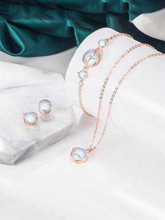 Set de 3 piezas de joyería vintage con piedra lunar: pendientes + collar + pulsera, pendientes elegantes y pulsera delicada