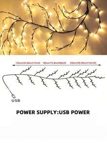 1个1.8米/5.9英尺人造树枝灯，柔软灵活的柳枝造型，USB或电池供电，8种模式，96/144颗LED灯珠，适合室内客厅和卧室装饰、生日派对氛围照明、母亲节和情人节礼物。